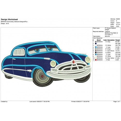 Doc Hudson Disney Cars Filled Embroidery Design