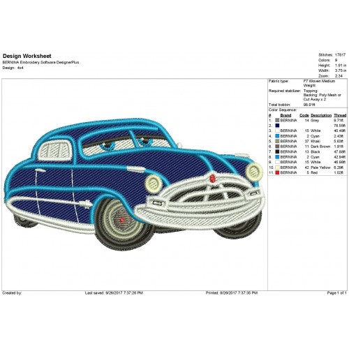 Doc Hudson Disney Cars Filled Embroidery Design