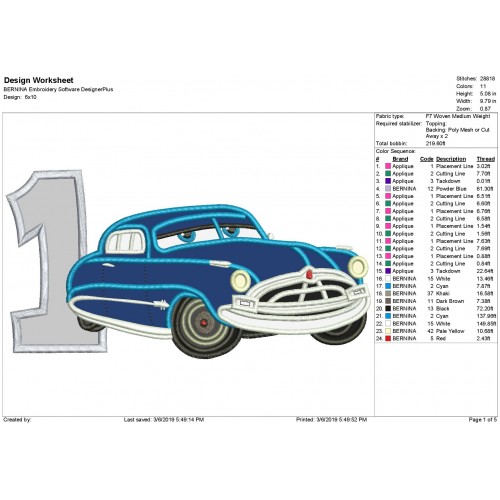 Doc Hudson Number 1 Disney Cars Applique Design