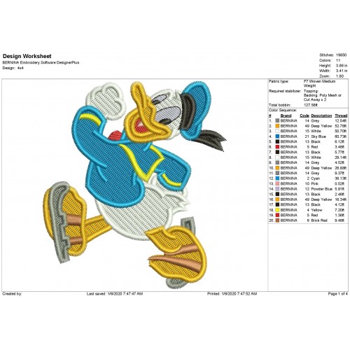 Donald Duck Fill Stitch Embroidery Design - Donald Duck Fill Stitch
