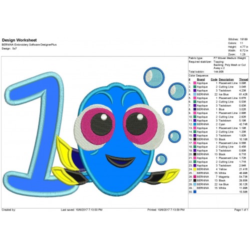 Dory 1st Birthday Embroidery Applique Design