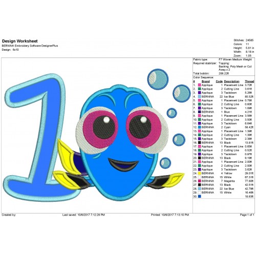 Dory 1st Birthday Embroidery Applique Design