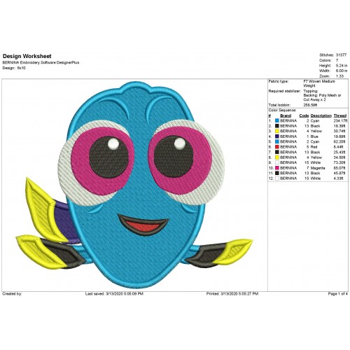 Dory Fish Finding Dory Filled Embroidery Design