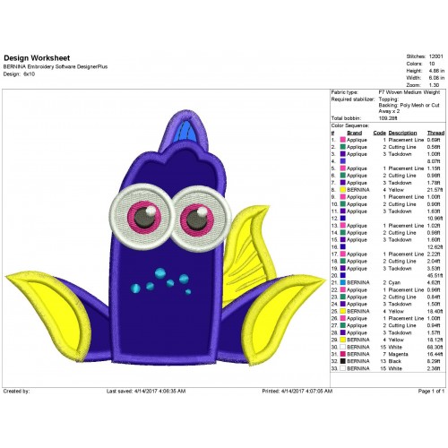 Dory Inspired Embroidery Applique Design