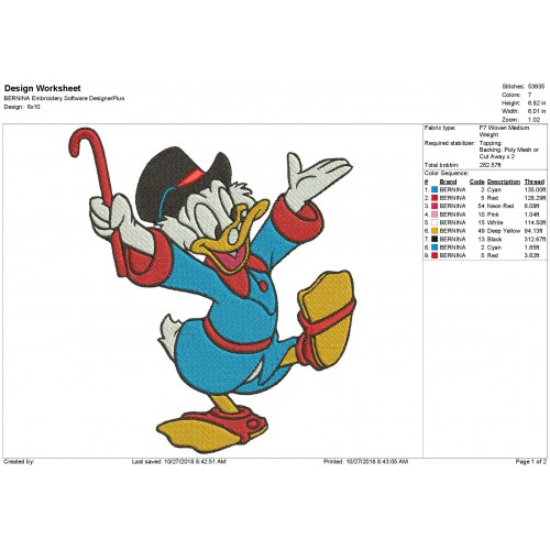 Ducktales Scrooge Embroidery Design