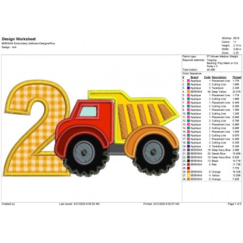 Dump Truck Number 2 Applique Design