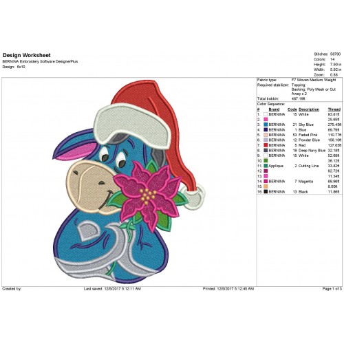 Eeyore Holding a Poinsettia in a Christmas Embroidery Design