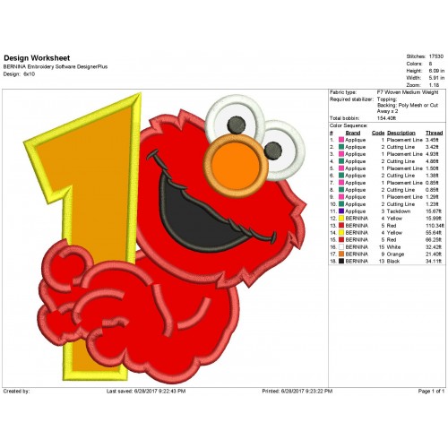 Elmo 1st Birthday Applique Design