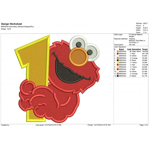 Elmo 1st Birthday Fill Stitch Embroidery Design