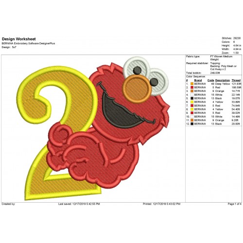 Elmo 2nd Birthday Fill Stitch Embroidery Design