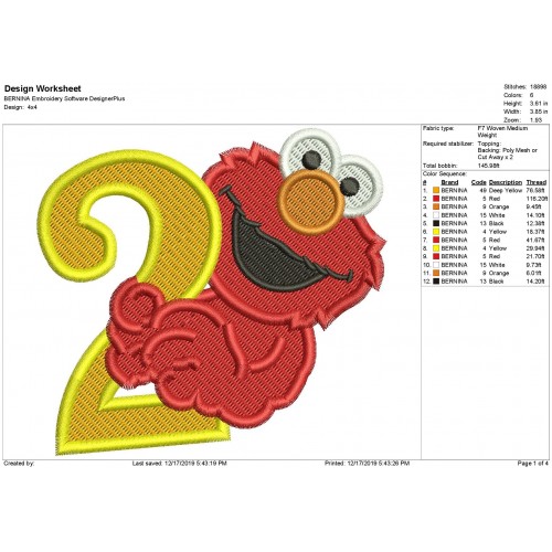 Elmo 2nd Birthday Fill Stitch Embroidery Design