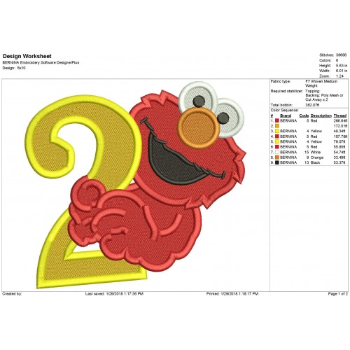 Elmo 2nd Birthday Filled Stitch Embroidery Design