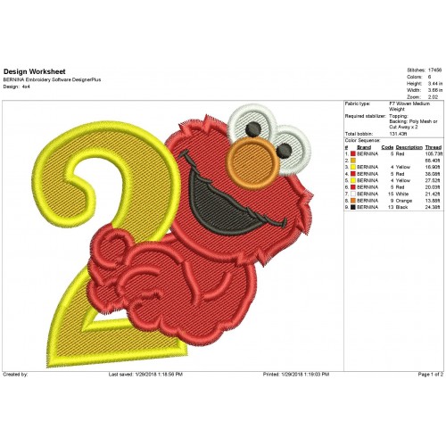 Elmo 2nd Birthday Filled Stitch Embroidery Design