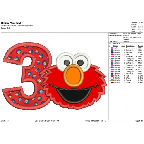 Elmo 3rd Birthday Applique Design