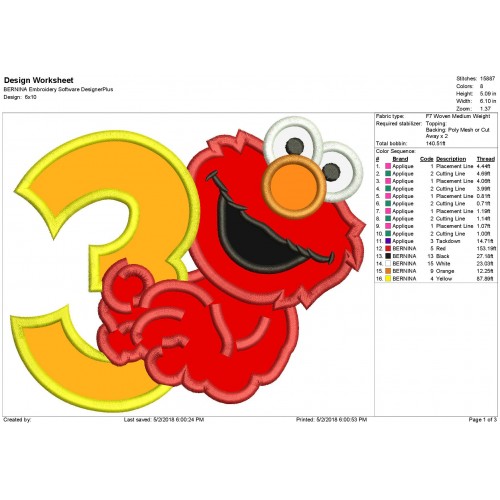 Elmo 3rd Birthday Machine Applique Design