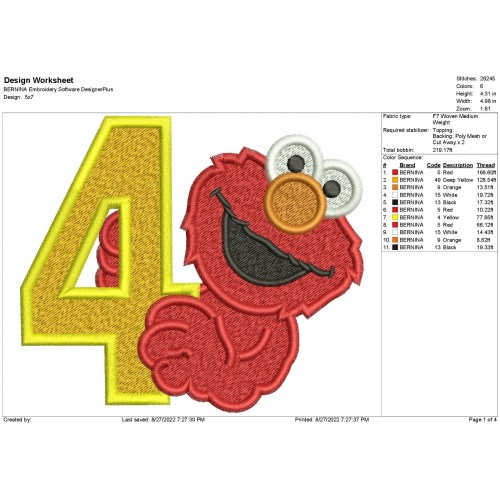 Elmo 4th Birthday Embroidery Design