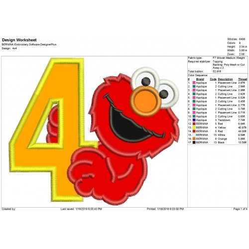 Elmo 4th Birthday Machine Applique Design