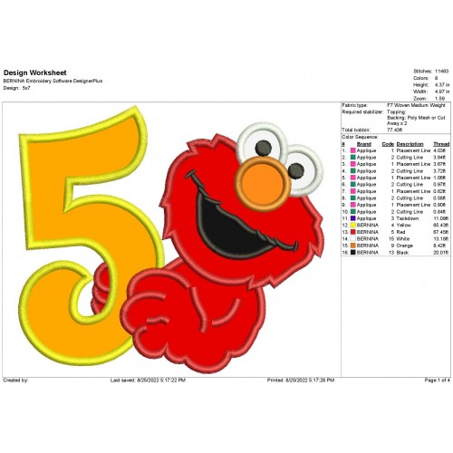 Elmo 5th Birthday Applique Design