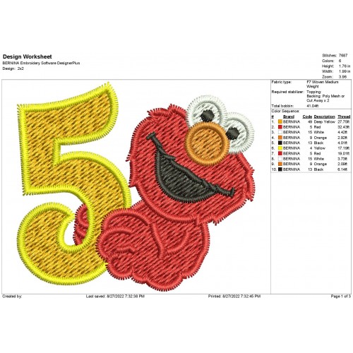 Elmo 5th Birthday Embroidery Design