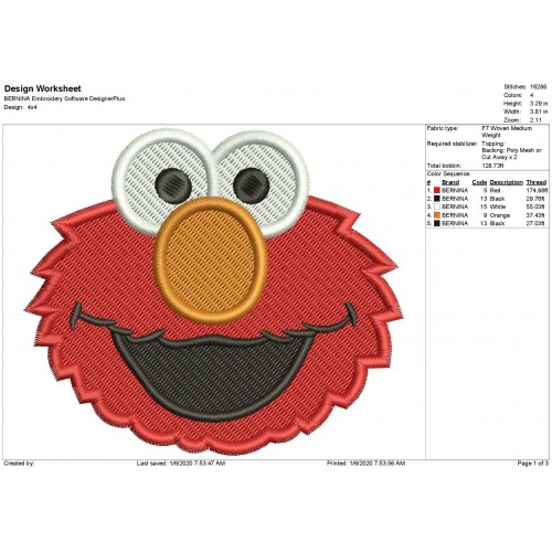 Elmo Fill Stitch Embroidery Design
