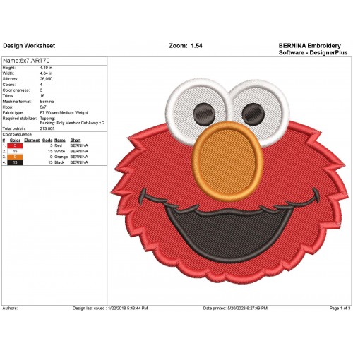 Elmo Filled Stitch Embroidery Design