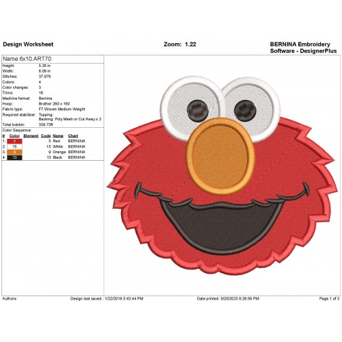 Elmo Filled Stitch Embroidery Design