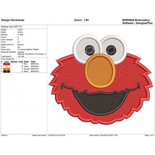Elmo Filled Stitch Embroidery Design