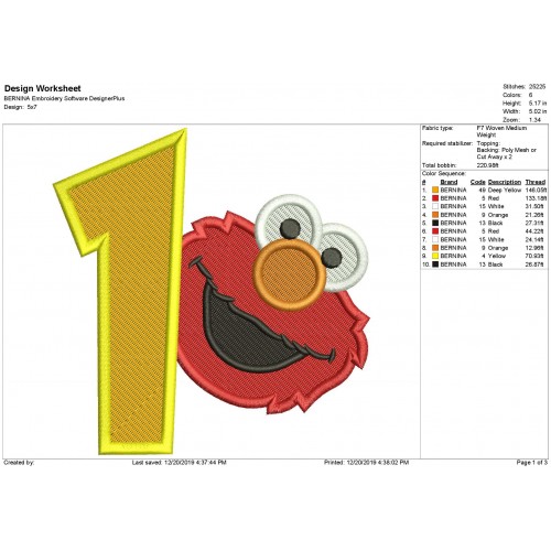 Elmo Head 1st Birthday Fill Stitch Embroidery Design