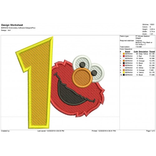 Elmo Head 1st Birthday Fill Stitch Embroidery Design