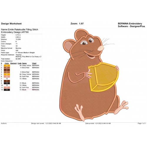 Emile Ratatouille Filling Stitch Embroidery Design