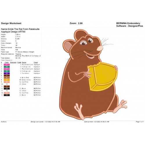 Emile The Rat From Ratatouille Applique Design