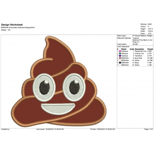 Emoji Poop Face Machine Embroidery Applique Design