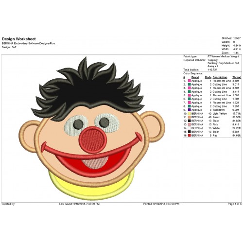 Ernie Sesame Street Face Applique Design