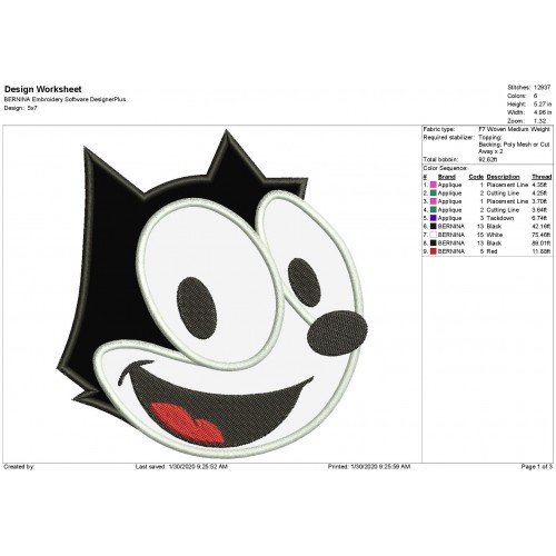 Felix The Cat Face Applique Design