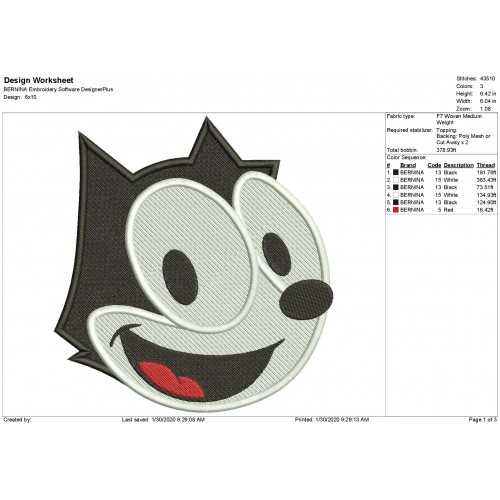 Felix The Cat Face Filled Stitch Embroidery Design