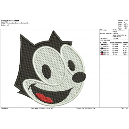 Felix The Cat Face Filled Stitch Embroidery Design