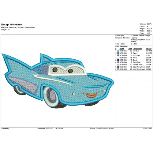 Flo Disney Cars Filled Stitch Embroidery Design