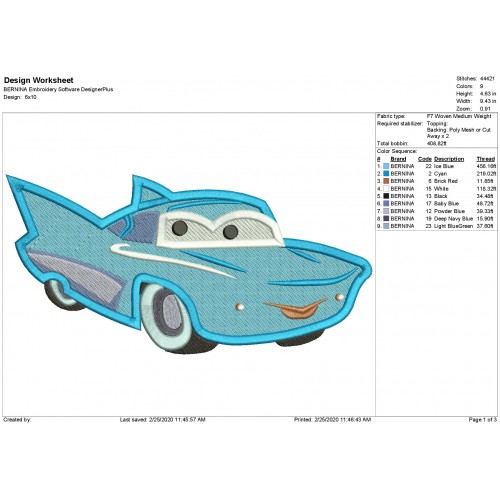 Flo Disney Cars Filled Stitch Embroidery Design