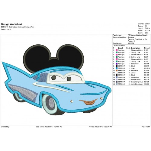 Flo Disney Cars Mickey Ears Applique Design