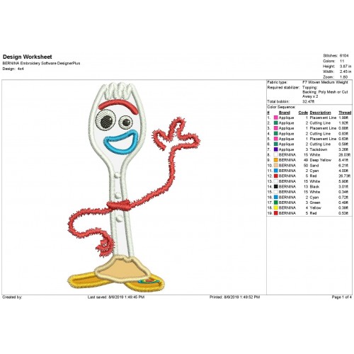 Forky Toy Story Applique Design