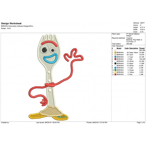 Forky Toy Story Filled Embroidery Design