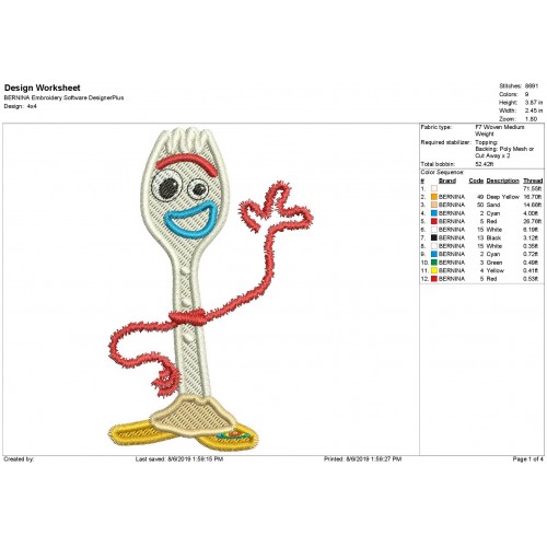 Forky Toy Story Filled Embroidery Design