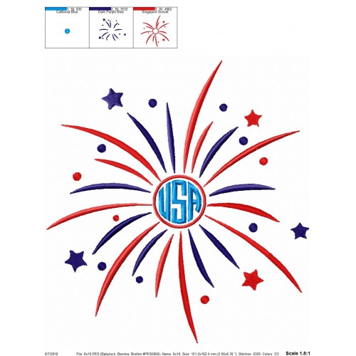 Fourth of July Firework Monogram Embroidery Design