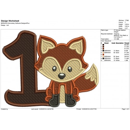 Fox 1st Birthday Fill Stitch Embroidery Design