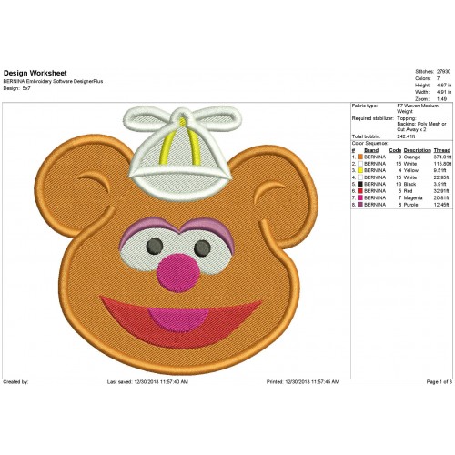 Fozzie Head the Muppet Babies Filled Embroidery Design