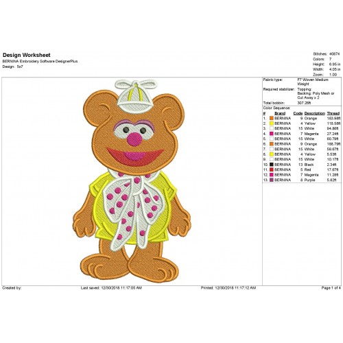 Fozzie the Muppet Babies Filled Embroidery Design