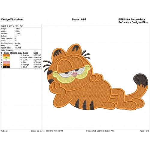 Garfield Filled Embroidery Design