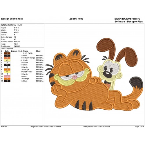 Garfield and Odie Filled Embroidery Design