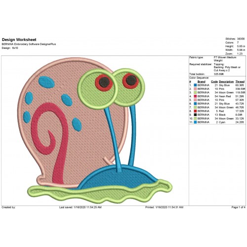 Gary the Snail Spongebob Squarepants Fill Stitch Embroidery Design