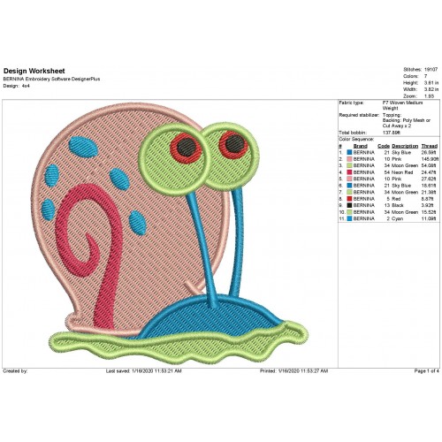 Gary the Snail Spongebob Squarepants Fill Stitch Embroidery Design